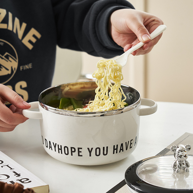 M04-6056 Simple Ins-style instant noodle bowl, a covered instant noodle wonder for dormitory students, a stainless steel instant noodle soup bowl Item Picture