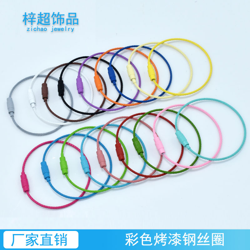 彩色烤漆钢丝圈钢丝绳带纽扣旋转螺丝钥匙圈钥匙扣DIY饰品配件图
