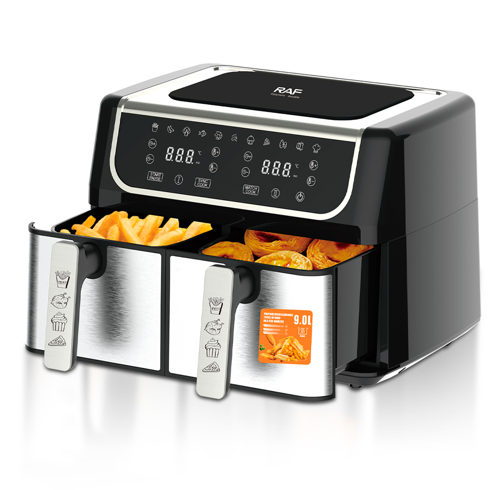 RAF European standard cross-border double-chamber air fryer with dual compartments, 9L large capacity, multi-functional, dual POTS and dual baskets, and intelligent touch screen Specification image
