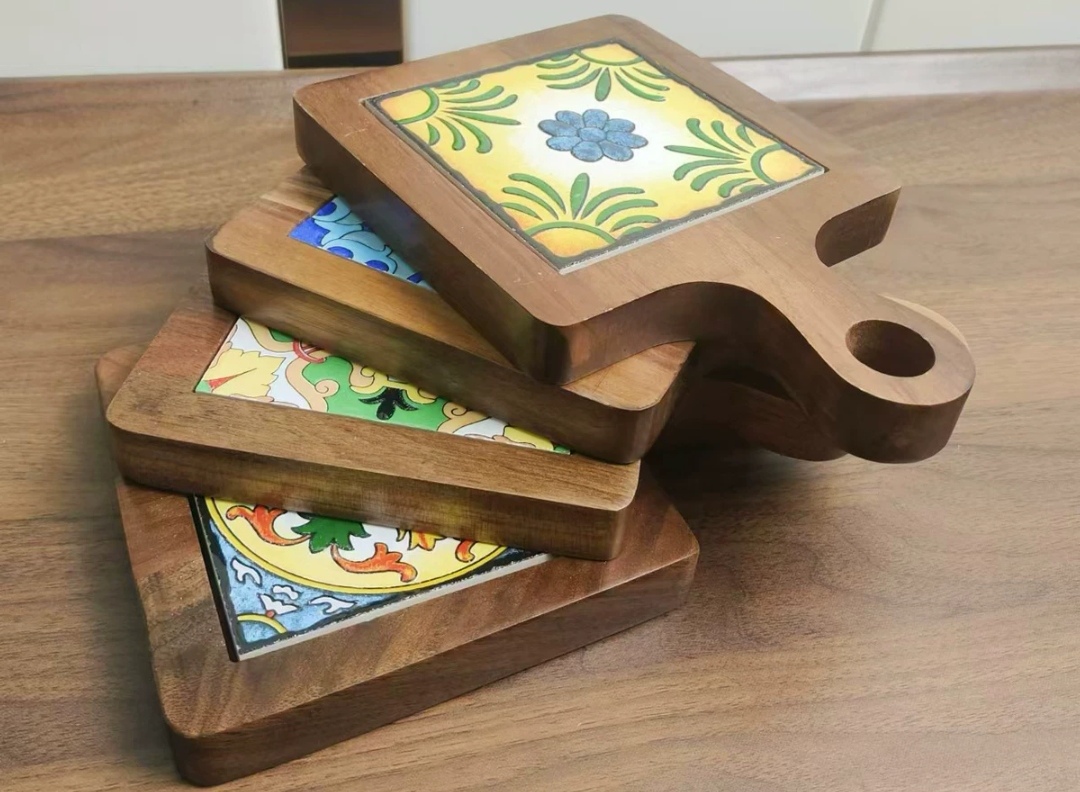 木制餐垫胡桃木质隔热垫复古日式花砖锅垫带把手家用餐桌杯垫盘垫木垫 