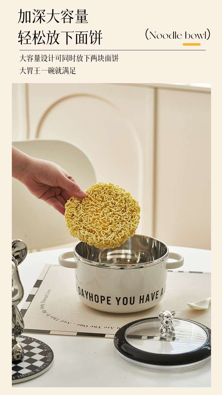 M04-6056 Simple Ins-style instant noodle bowl, a covered instant noodle wonder for dormitory students, a stainless steel instant noodle soup bowl detail image 4