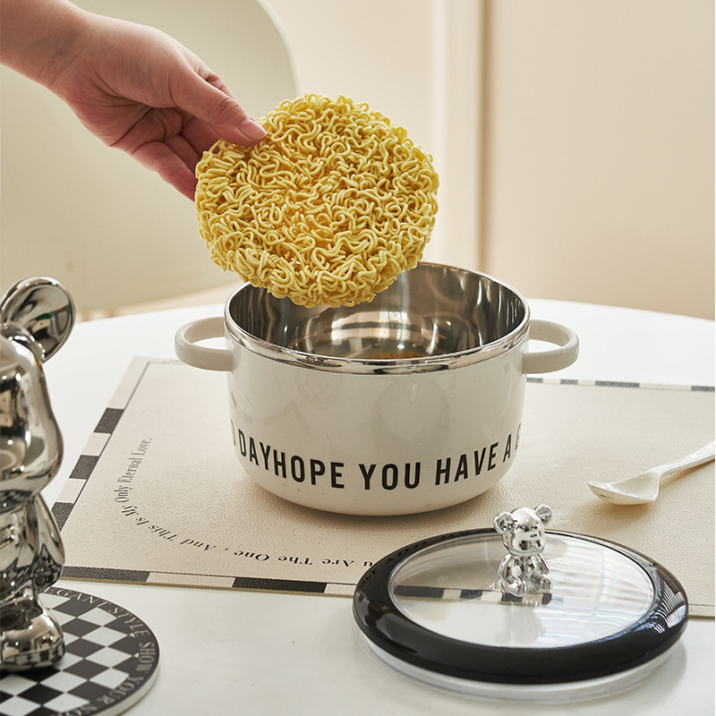 M04-6056 Simple Ins-style instant noodle bowl, a covered instant noodle wonder for dormitory students, a stainless steel instant noodle soup bowl Application Scenario