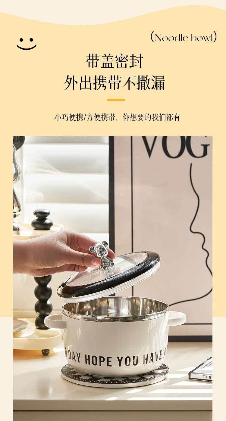 M04-6056 Simple Ins-style instant noodle bowl, a covered instant noodle wonder for dormitory students, a stainless steel instant noodle soup bowl detail image 7