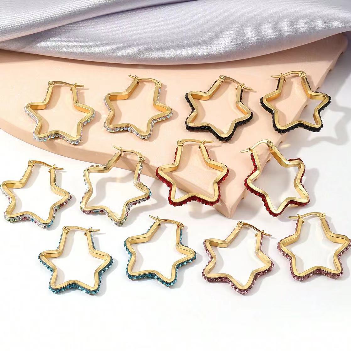 不锈钢带钻五角星耳环多色耳环外贸基础款耳环简单时尚耳环时尚饰品
