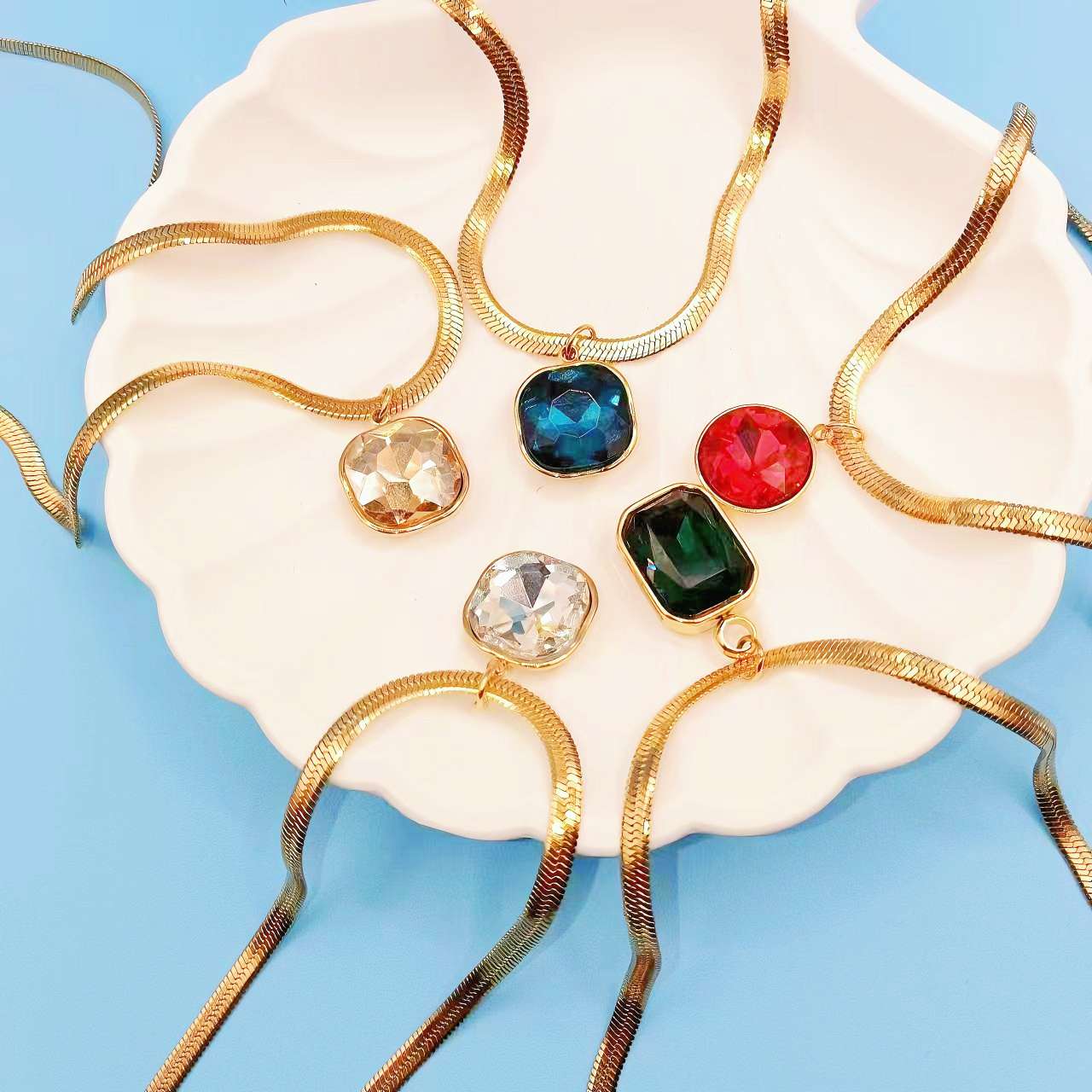 不锈钢时尚水晶项链刀片链项链时尚饰品金色项链外贸新品水晶多色项链详情图2