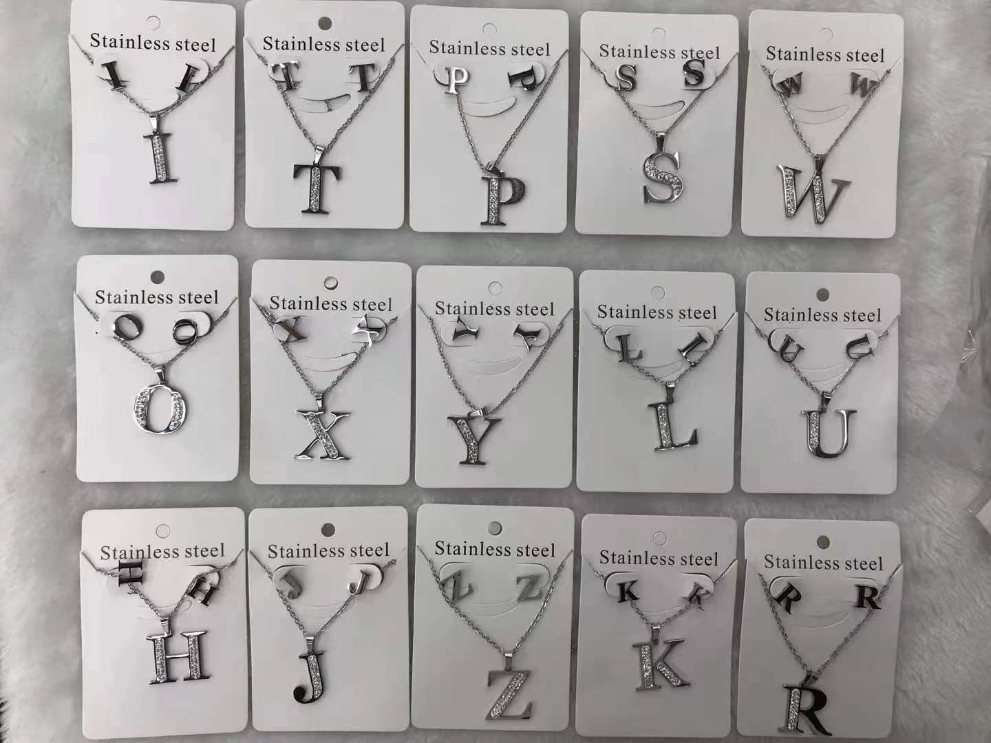 Letter stainless steel necklace, rigid stainless steel diamond necklace and earrings simple set