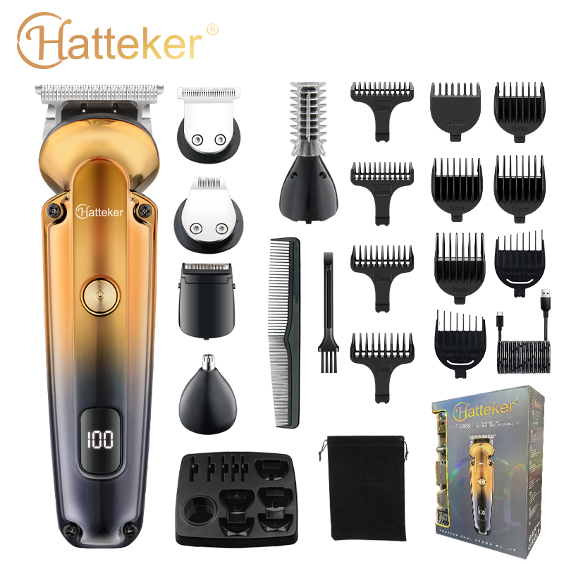 HATTEKER Six-in-one multi-functional professional hair clipper set, LCD digital display oil clipper for hair salon, full-body washing and grooming set
