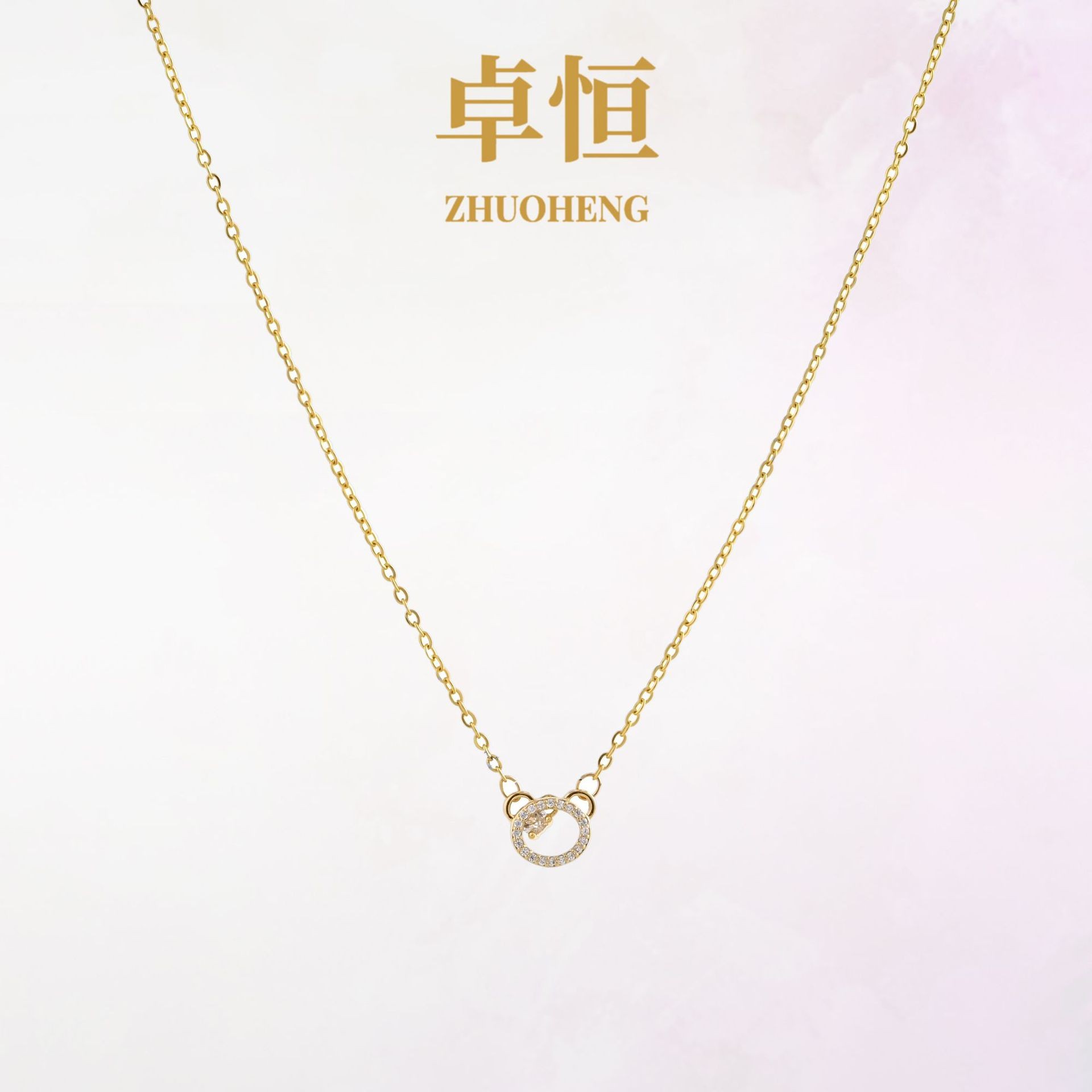 Xuhui brand exquisite and light luxury copper plated with real gold and zirconia 925 silver needle luxurious bear stud necklace set Item Picture