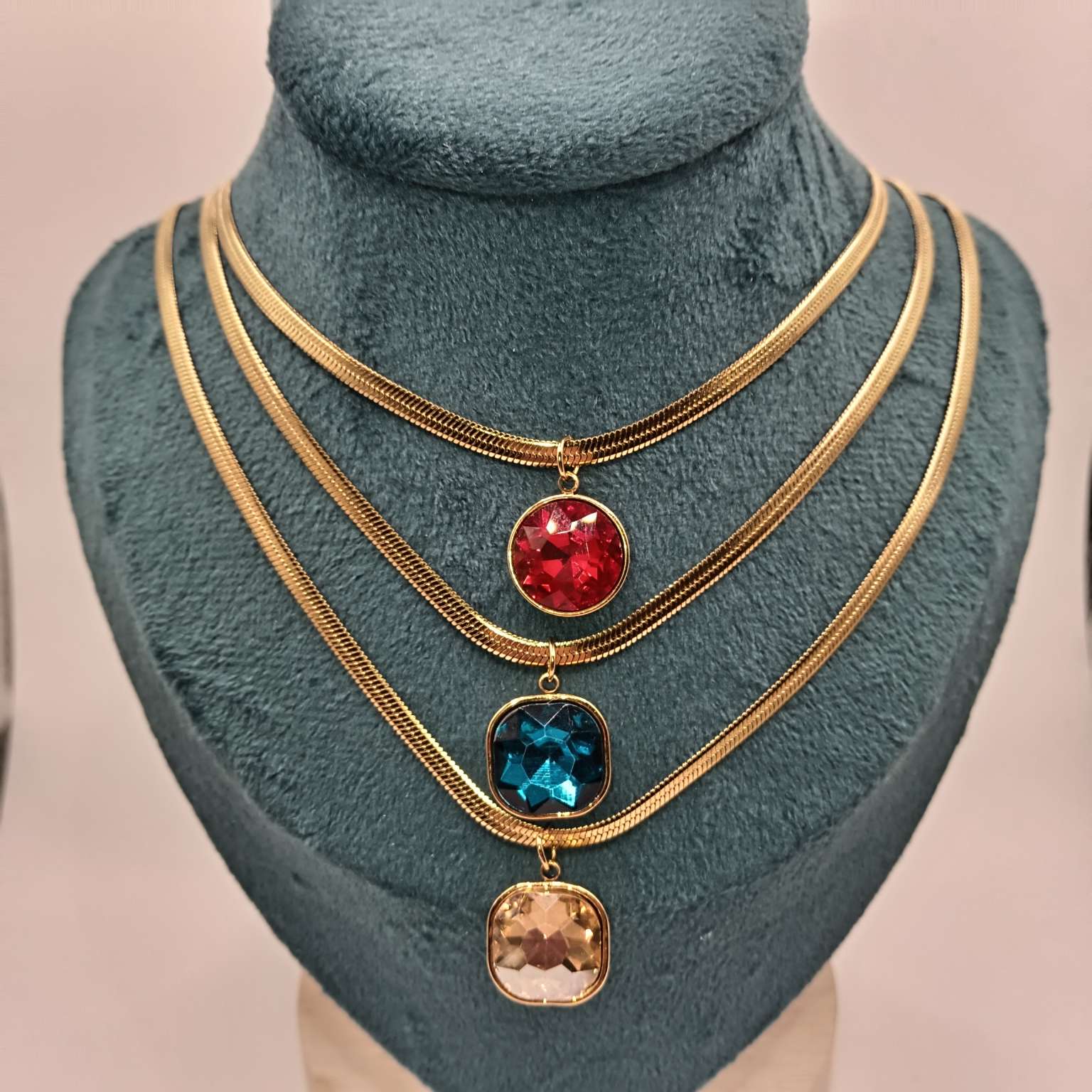 不锈钢时尚水晶项链刀片链项链时尚饰品金色项链外贸新品水晶多色项链细节图