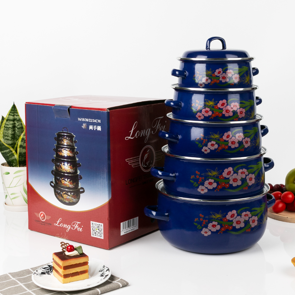 现货673ED搪瓷锅五件套 搪瓷盖搪瓷锅 16-24cm 出非洲性价比搪瓷锅白底实物图