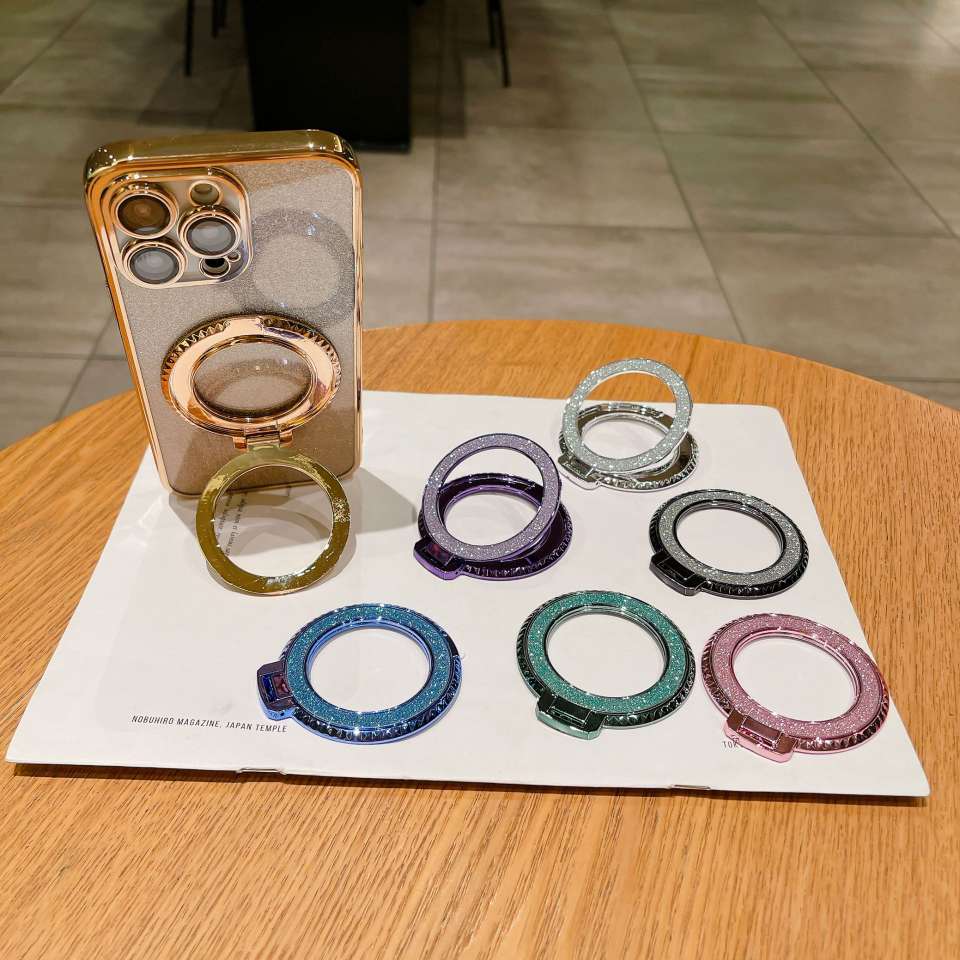 New back sticker diamond-patterned magnetic glitter hollowed-out phone stand, desktop lazy person creative folding wireless charging ring detail image 5