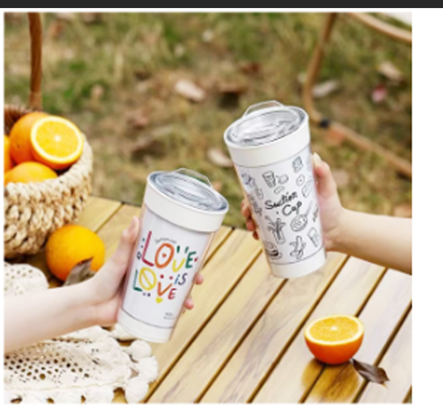 Double-layer inner steel and outer plastic coffee cups, milk tea cups, juice cups, beverage cups, suction cups that won't fall over details Picture