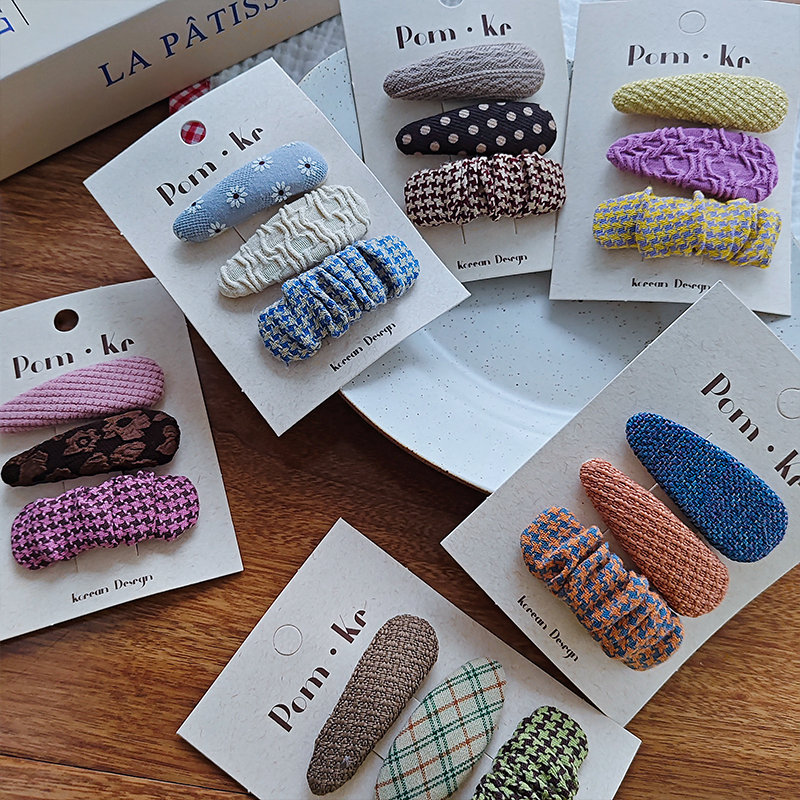 New autumn fabric checkered water drop country-style girls' bangs clips, side clips, hair accessories, hair clips and headwear Item Picture