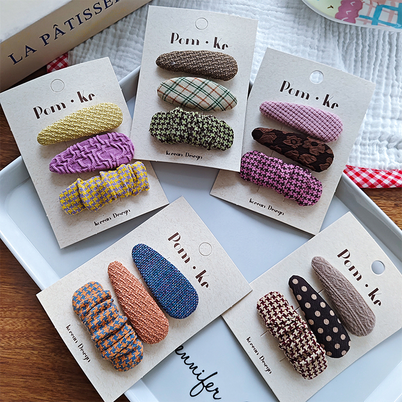 New autumn fabric checkered water drop country-style girls' bangs clips, side clips, hair accessories, hair clips and headwear details Picture