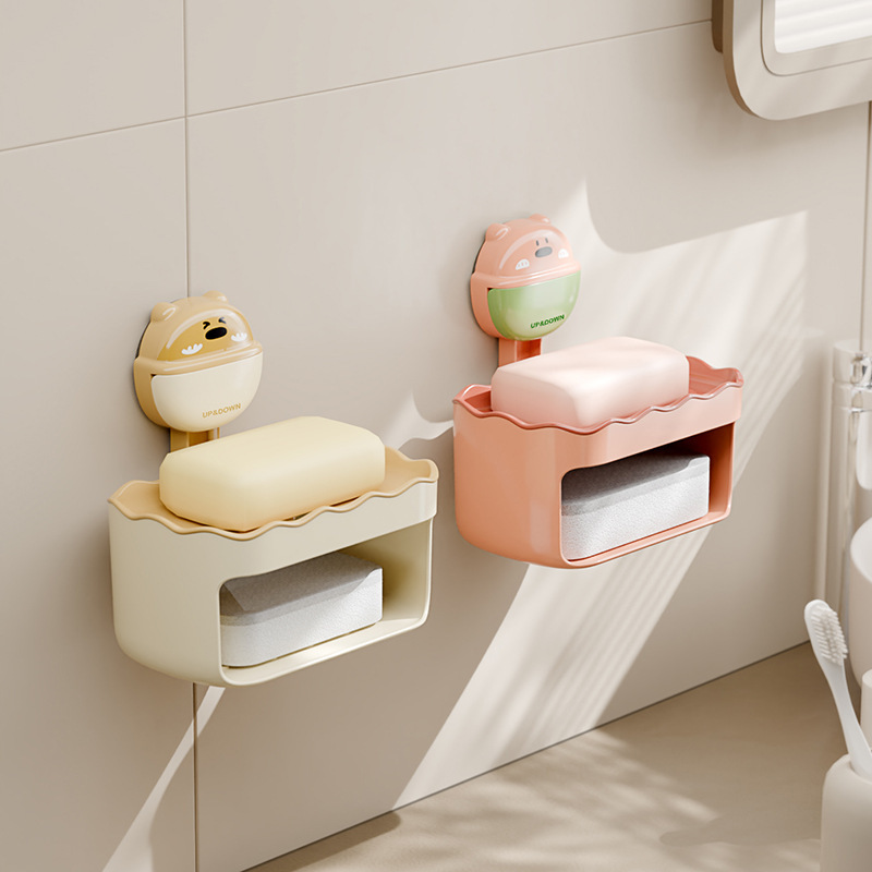 W59-WD8878 suction cup soap box wall-mounted, non-punching double-layer soap box, storage rack, draining and drainage for bathroom