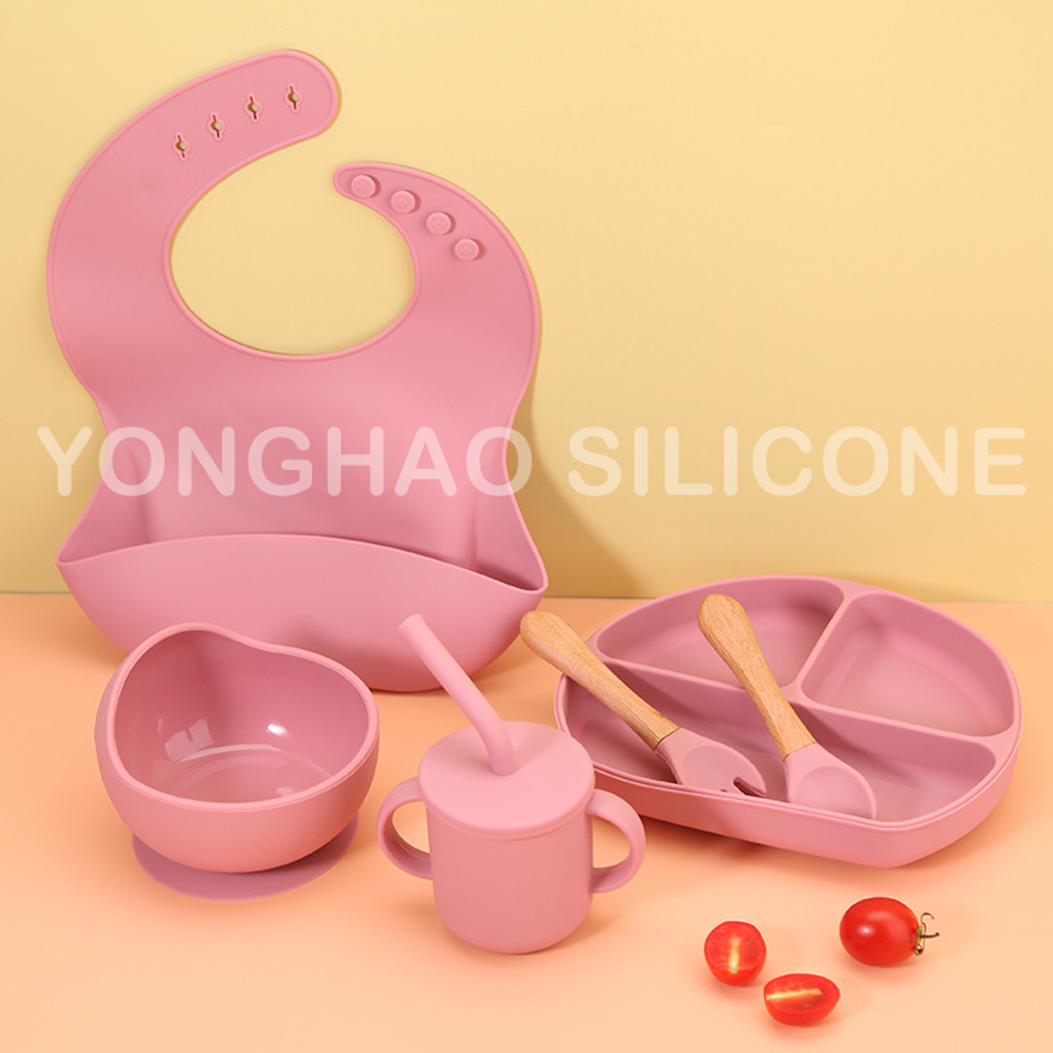 Baby Silicone Dinner Plate Spoon Fork Baby Tableware Set Bib