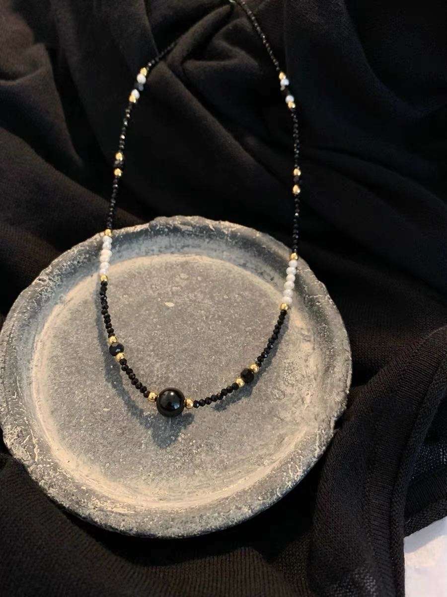 黑色水晶天然珍珠串珠项链简约百搭轻奢法式设计师详情图3