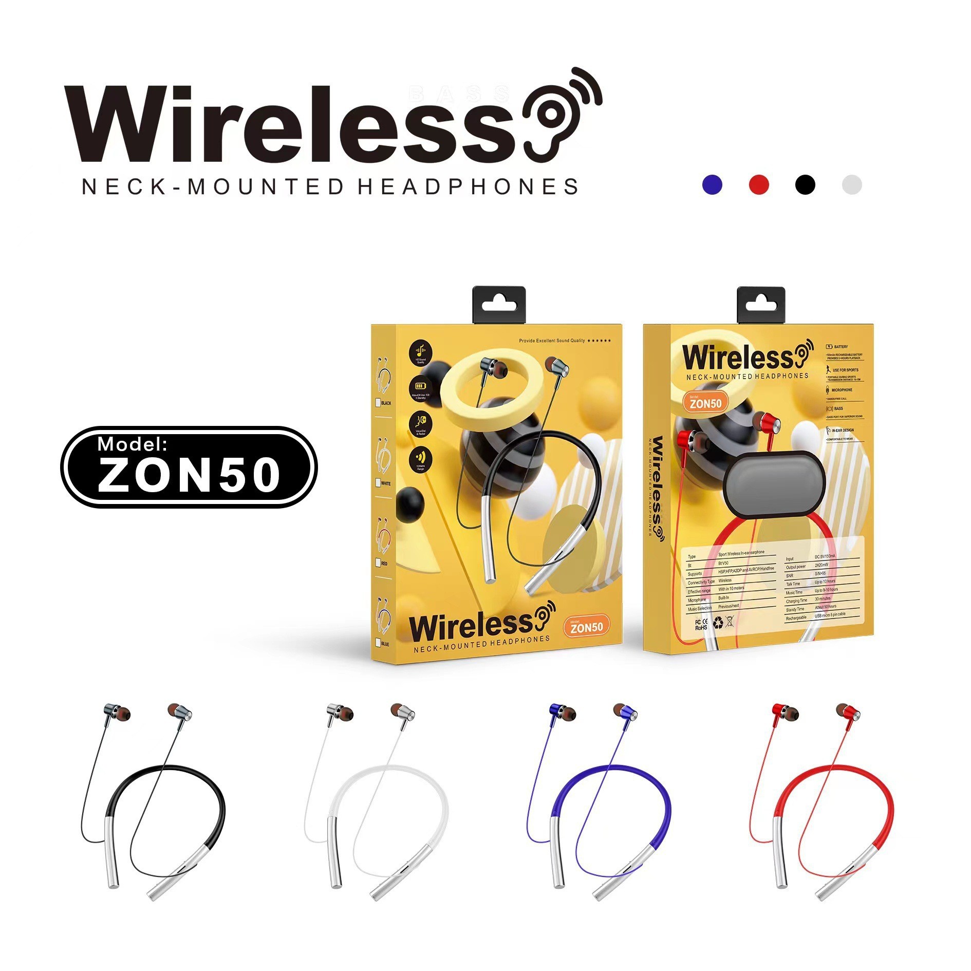 跨境新款ZON-50蓝牙耳机挂脖式运动耳机超长待机续航降噪厂家批发