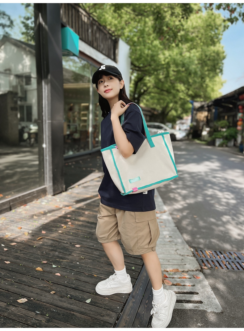 时尚简约帆布包大容量女新款撞色慵懒风单肩包潮搭托特手提购物袋详情11