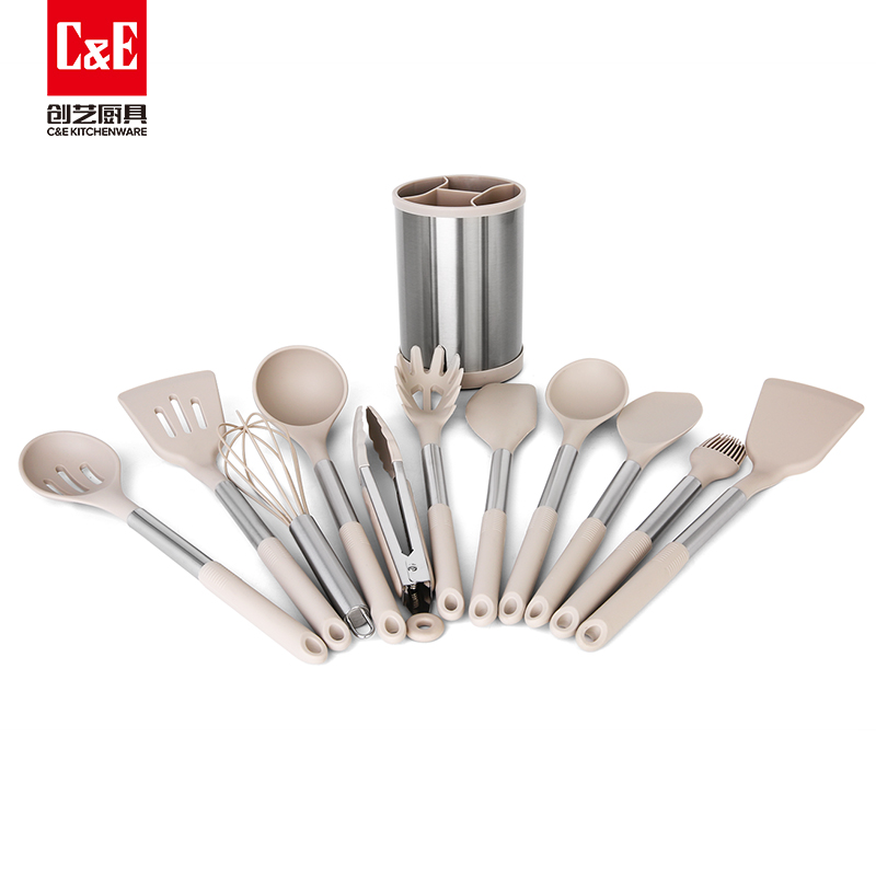 C&E Creative Kitchenware 12-piece set: Spatulas, spoons, rice noodle steaks, food tongs, egg beater with storage bucket, kitchen and household, factory wholesale