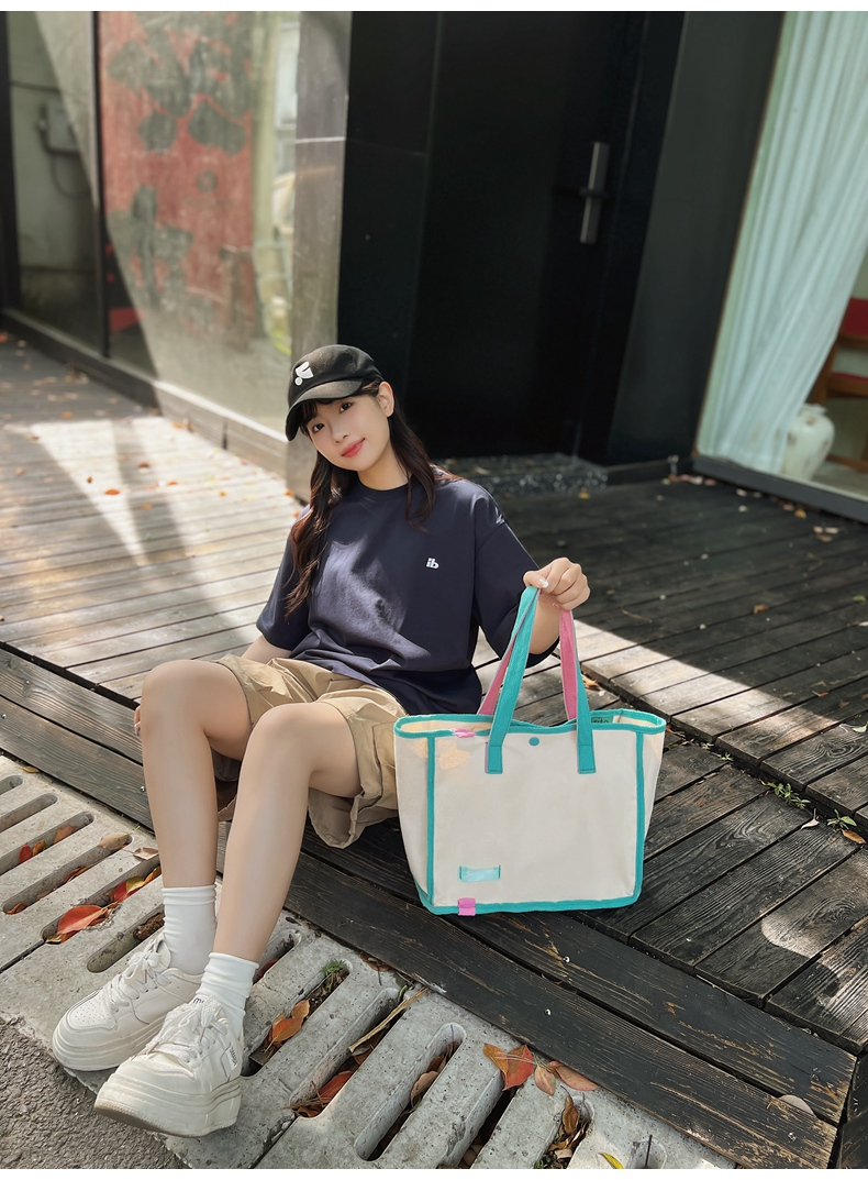 时尚简约帆布包大容量女新款撞色慵懒风单肩包潮搭托特手提购物袋详情12