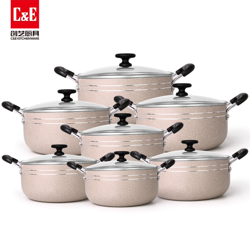 C&E Creative Cookware 7-piece set, stretch cast aluminum frying pan, milk pan, soup pot of different capacities, kitchenware, household wholesale Application Scenario