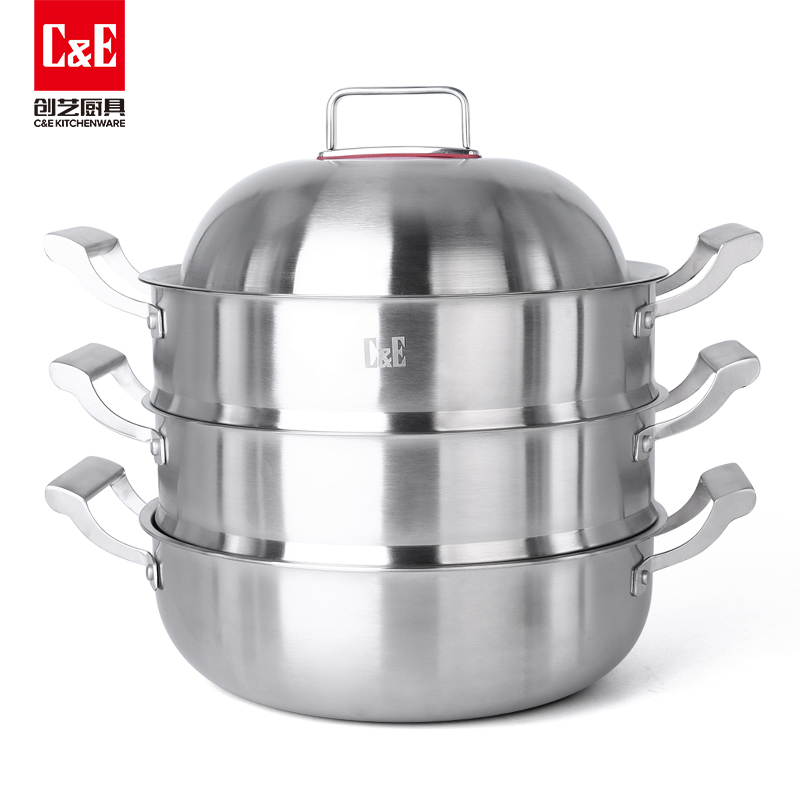 C&E Creative Three-layer steamer, rice, hot dishes, steaming, multi-functional, large-capacity stainless steel pot, kitchenware, suitable for household stoves Specification image
