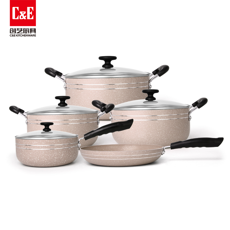 C&E Creative Cookware 5-piece set, stretch cast aluminum frying pan, milk pan, soup pot of different capacities, kitchenware, household wholesale Application Scenario