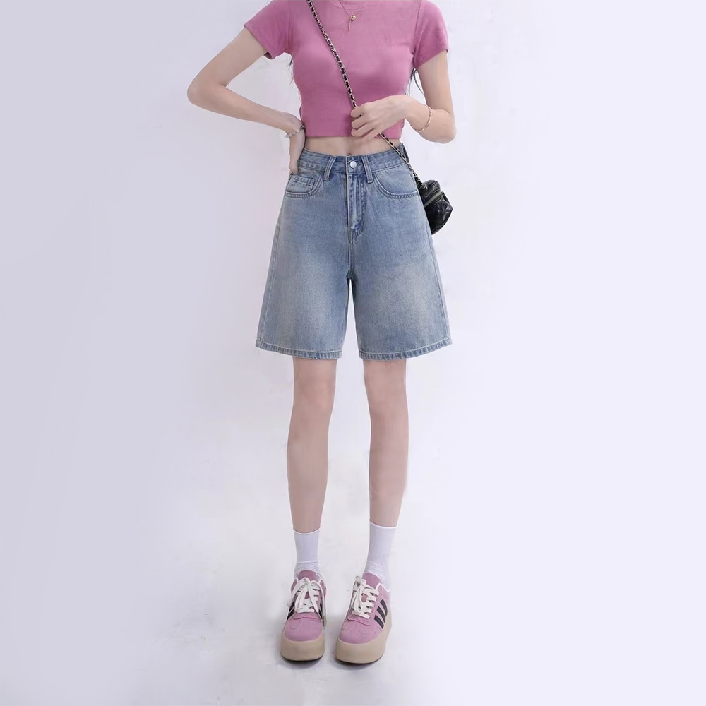 Vintage Denim Shorts Summer Blast Fresh High-Waisted Baggy Western Slimming Straight Leg Jeans Specification drawing