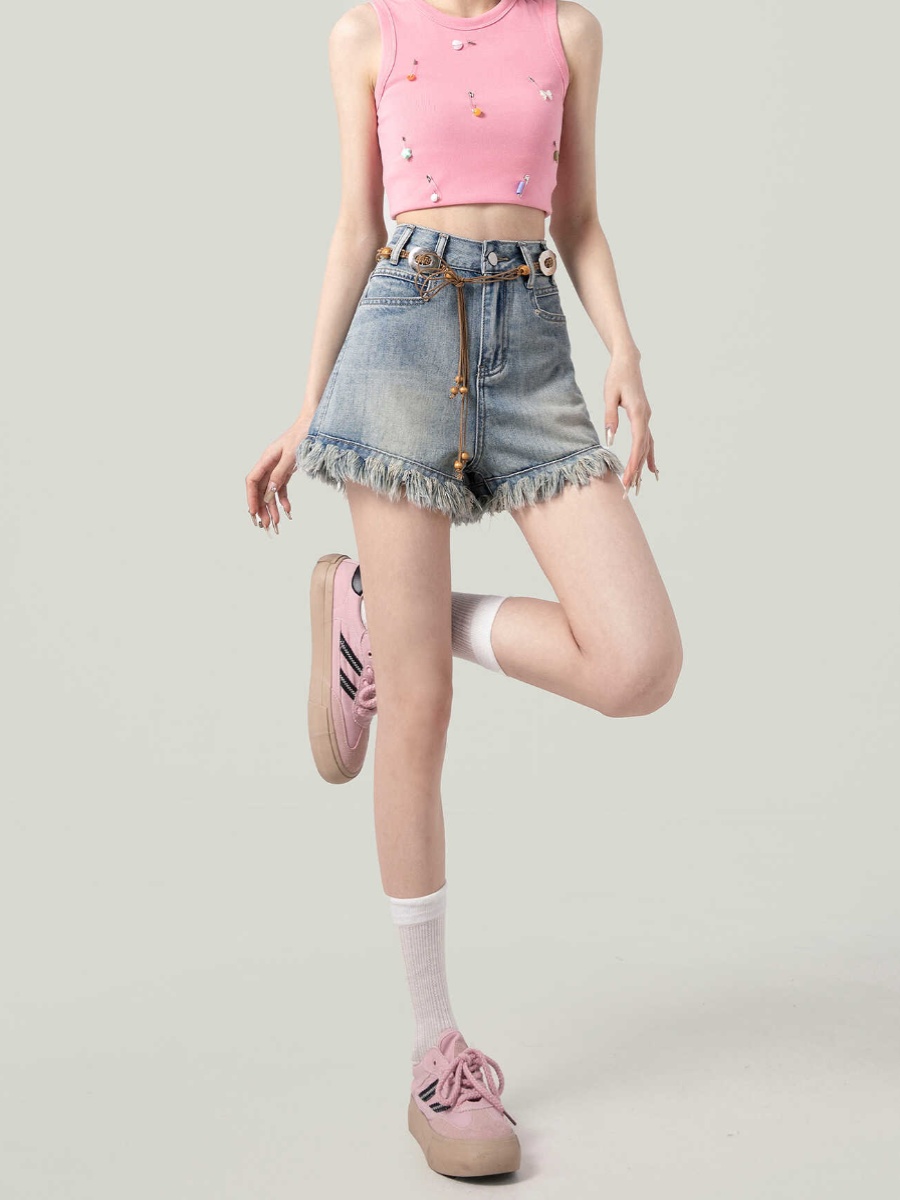 The New Summer Design Of Raw Edge Shorts High Waist Slimming Everything With Hot Pants With Waist Chain Specification drawing