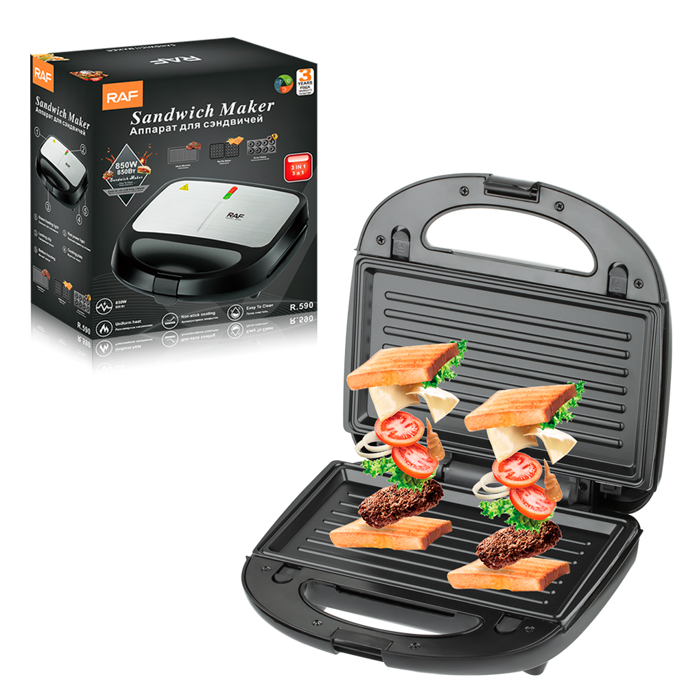 RAF European-standard cross-border three-in-one sandwich machine, breakfast machine, double-sided heating, multi-functional toaster and waffle maker R.590 details Picture