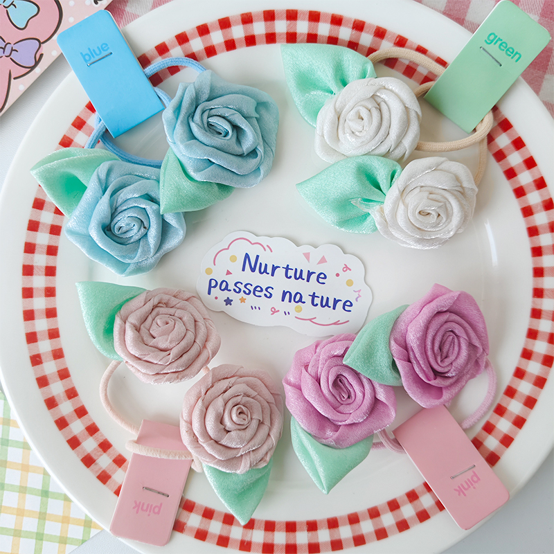 This cute double ponytail rose hair accessory for children's ponytail, with high elasticity and no trace, is made of simple fabric Specification image