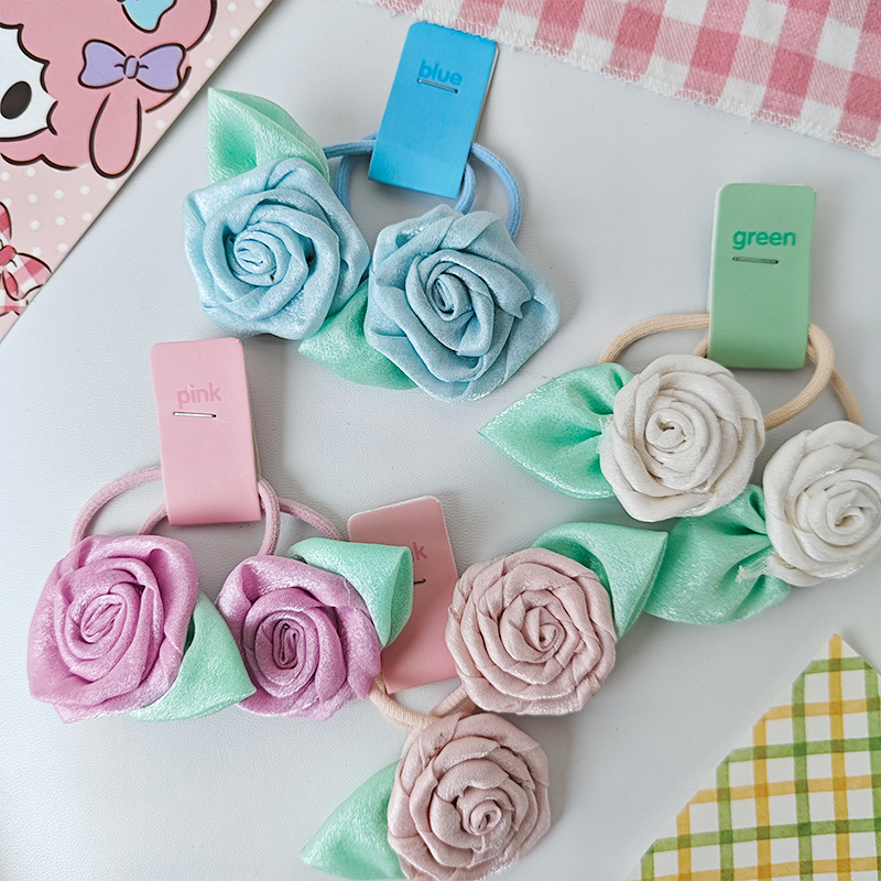 This cute double ponytail rose hair accessory for children's ponytail, with high elasticity and no trace, is made of simple fabric details Picture
