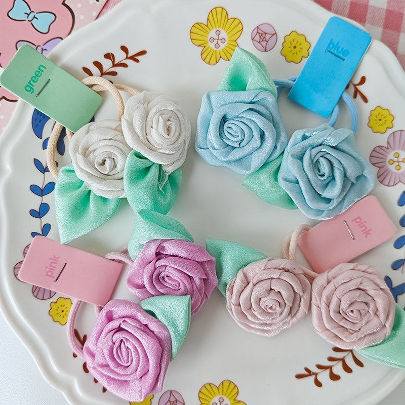 This cute double ponytail rose hair accessory for children's ponytail, with high elasticity and no trace, is made of simple fabric Item Picture