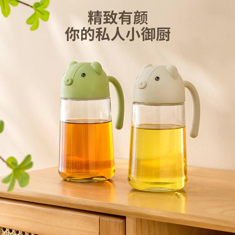 C89- Little Bear Oil Pot Glass Automatic Opening and closing, no oil sticking, leak-proof, household food-grade kitchen seasoning bottle, vinegar pot, oil pot details Picture