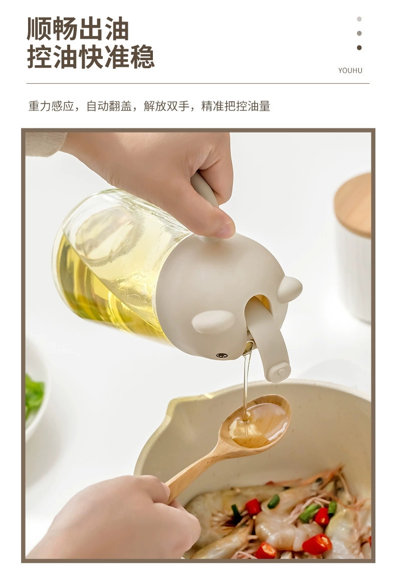 C89- Little Bear Oil Pot Glass Automatic Opening and closing, no oil sticking, leak-proof, household food-grade kitchen seasoning bottle, vinegar pot, oil pot detail image 6