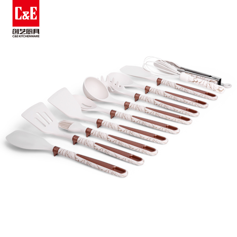 C&E Creative Kitchenware 12-piece set: Spatulas, spoons, rice noodle steaks, food tongs, egg beater with storage bucket, kitchen and household, factory wholesale Specification image
