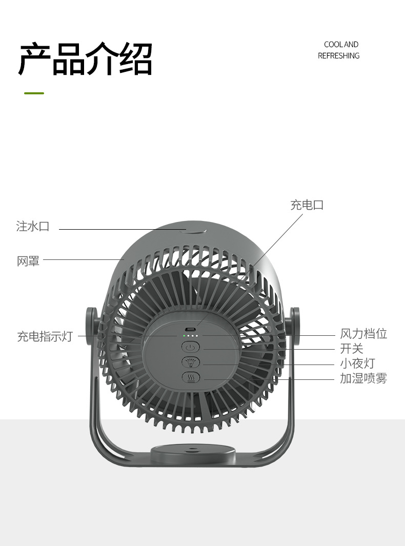 新款迷你桌面usb充电风扇香熏加湿器学生宿舍小夜灯便携露营风扇详情图15