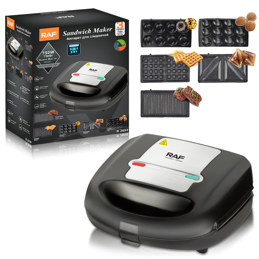 RAF European-standard cross-border five-in-one sandwich machine, breakfast machine, double-sided heating, multi-functional toaster and waffle maker R.2690 details Picture