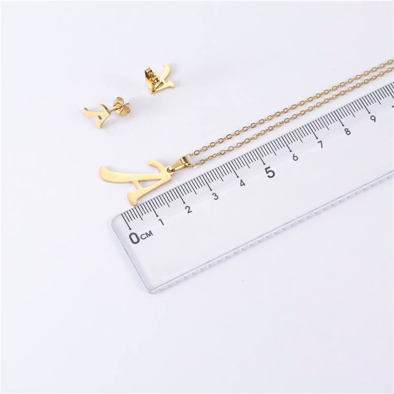 Letter stainless steel necklace, rigid stainless steel diamond necklace and earrings simple set Specification image