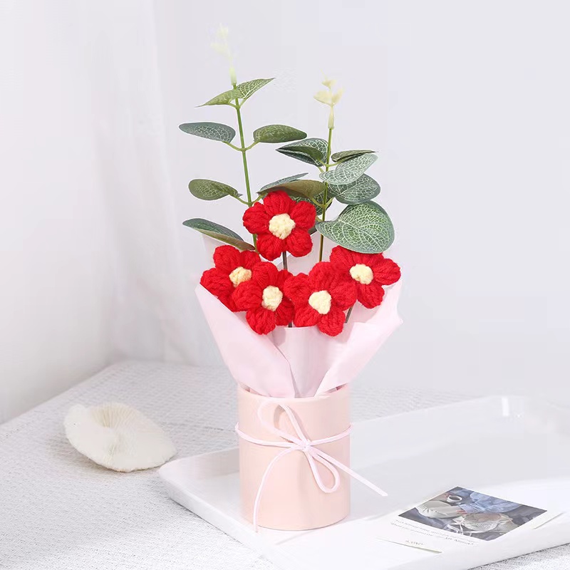 教师节精美独特手工制作工艺品  家居装饰摆设 创意礼品针织花束毛绒花手提抱抱桶花母亲节 情人节手工编织泡芙花批发 