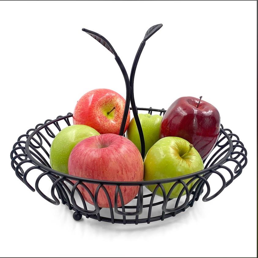 A black round fruit basket