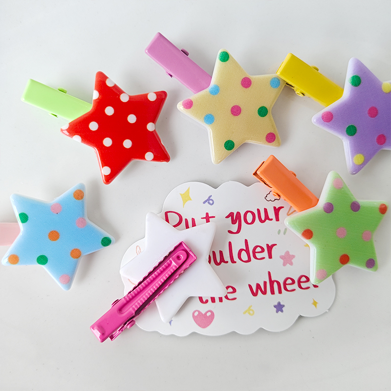 Korean version cute five-pointed star polka dot children's hair clip, sweet candy-colored star clip, bb clip, broken hair edge clip, hair accessory Item Picture