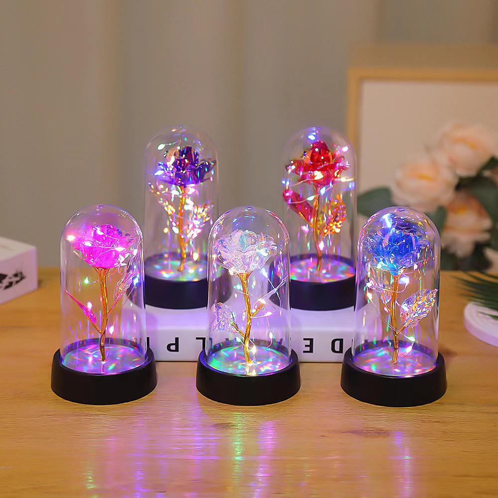 Acrylic glass cover, small laser reflection, golden moat flower, eternal rose, night light, creative desktop decoration, Valentine's Day, Classroom Day, Mother's Day gift details Picture