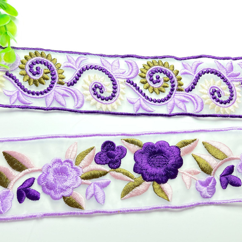 Hanfu lace, new Chinese-style embroidery in Chinese style, 5cm water-soluble embroidery, organza pattern lace, lace, lace, colorful purple flowers
