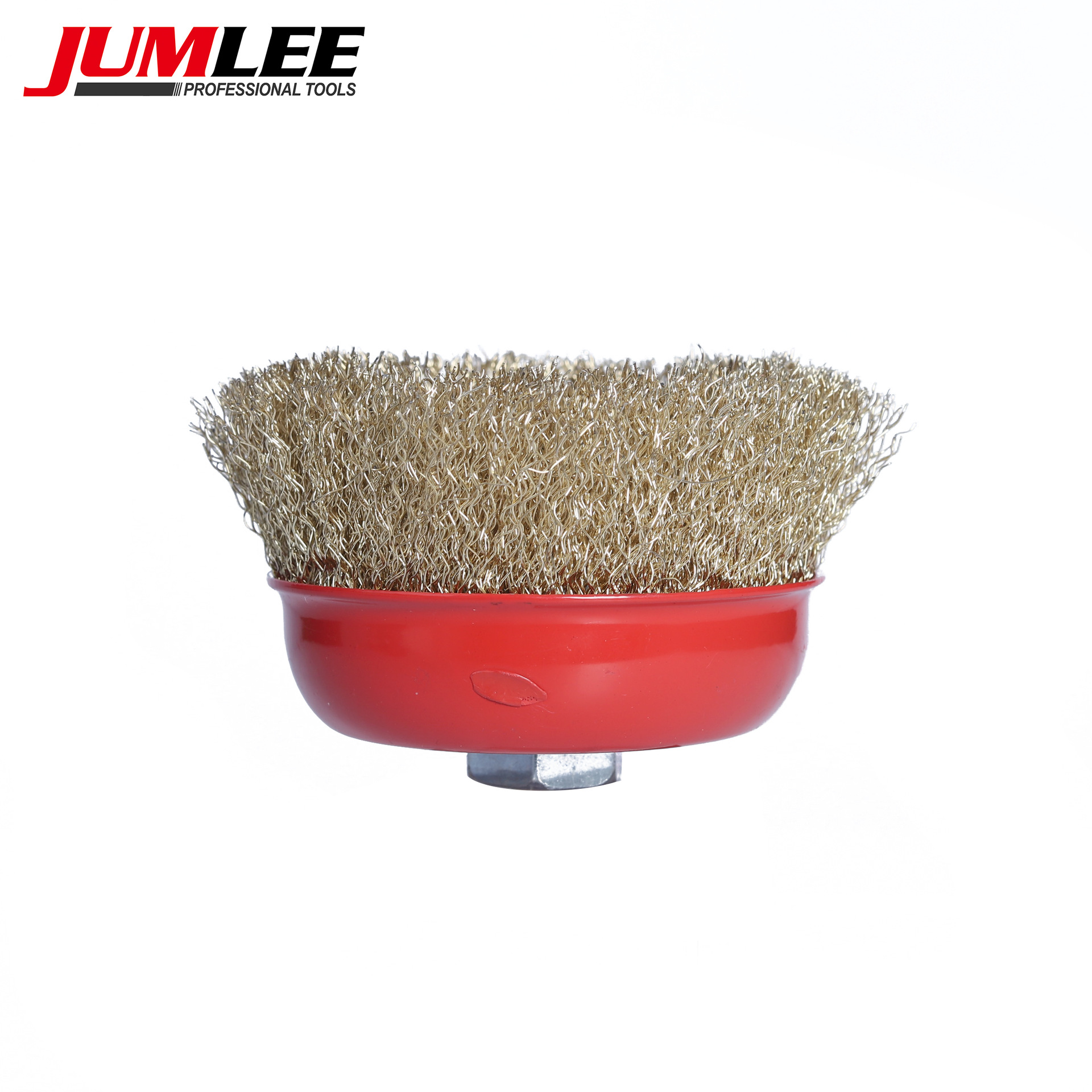 jumlee copper wire bowl brush, copper-plated curved wire bowl type Angle grinder, rust removal, ship grinding and polishing brush, steel wire wheel belt nut details Picture