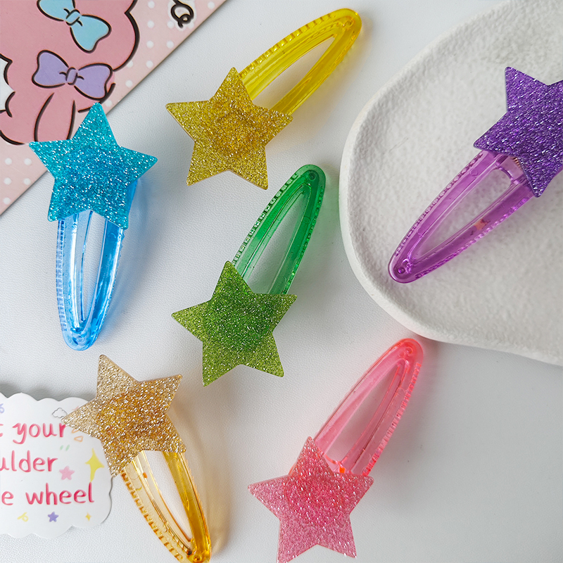 The new bright pink Y2K star sequined duckbill clip is a children's fashionable, versatile and cute five-pointed star hair clip and accessory Specification image