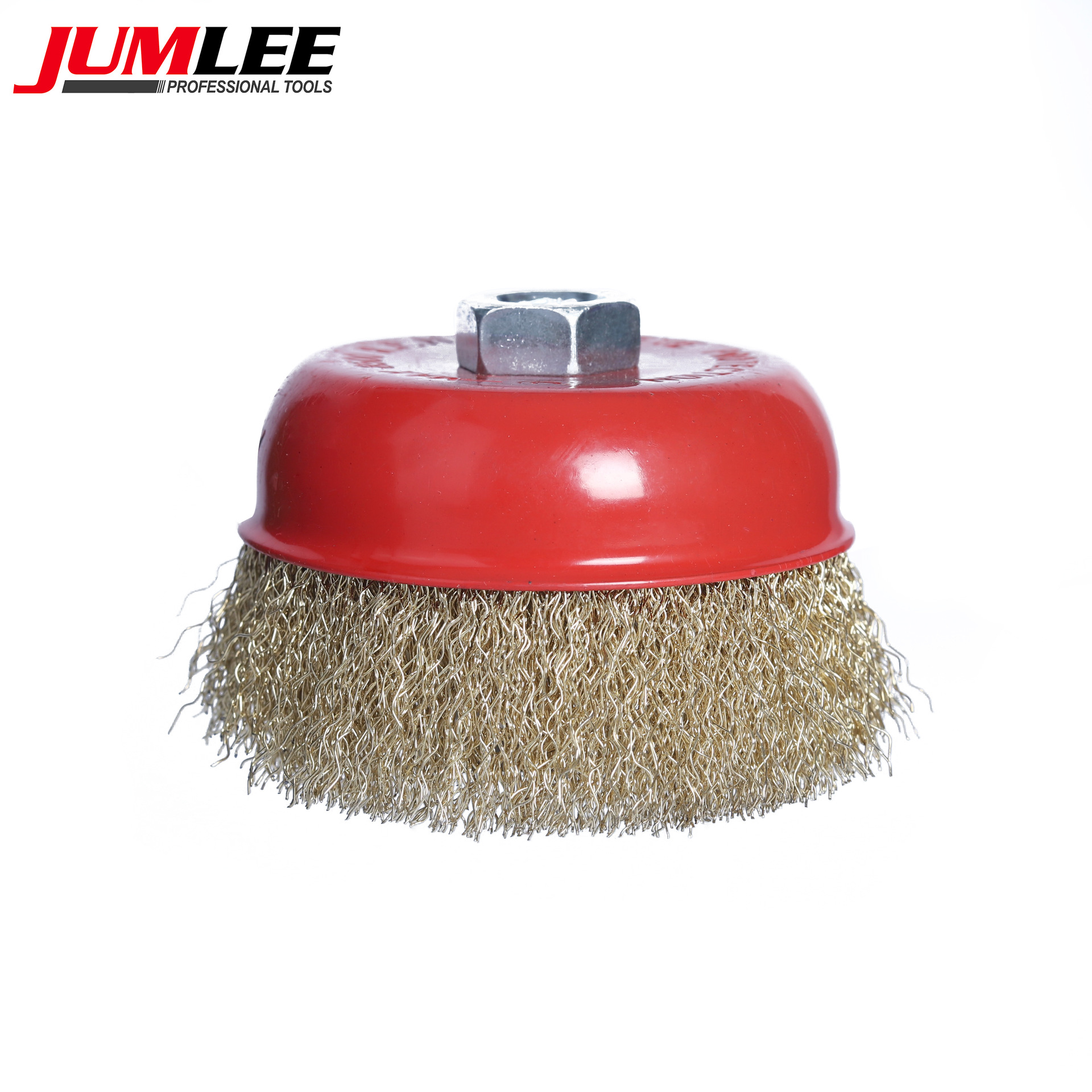 jumlee copper wire bowl brush, copper-plated curved wire bowl type Angle grinder, rust removal, ship grinding and polishing brush, steel wire wheel belt nut Specification image