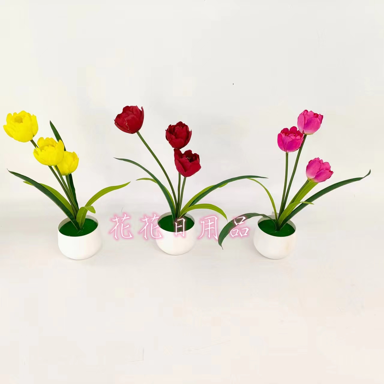 Artificial Flower Fake Flower Bonsai Plastic Basin Three Head Tulip Decoration Pieces