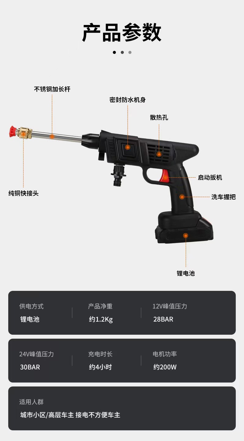 高压水枪 锂电池洗车枪 高压洗车水枪 无线高压水枪园林清洗枪详情4